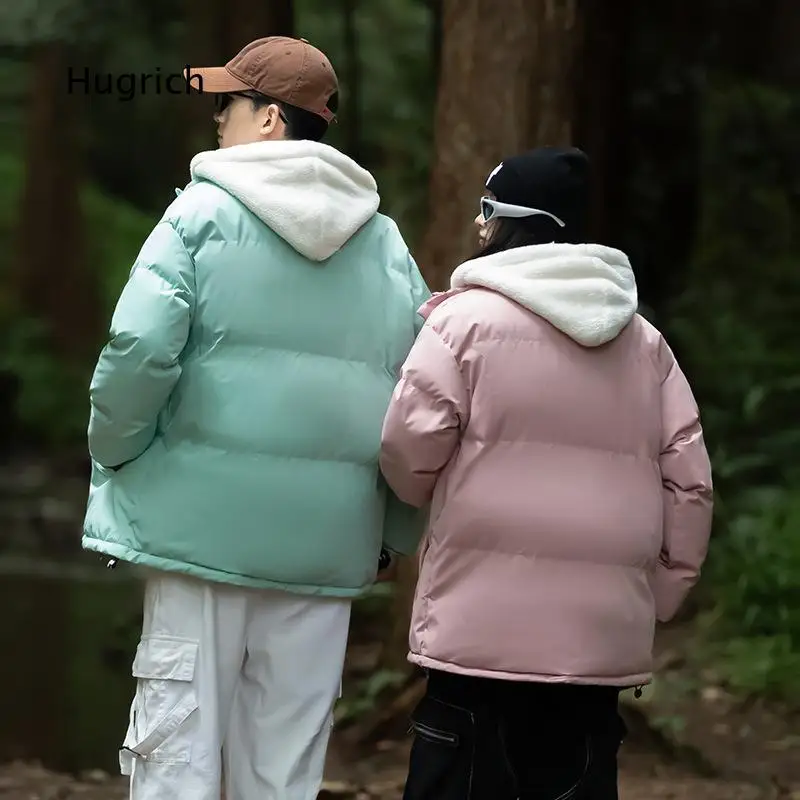 Men Blue Puffer Jacket White Sherpa Fleece Lined Hood Full Zip Snap Button Closure Sidecuff Drawstring Hem Warm Winter Outerwear