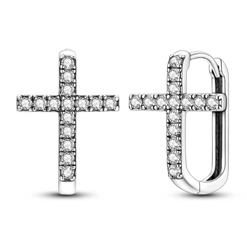 

925 Sterling Silver Earrings Women Zirconium Sparking Cross Hoop Earring For Anniversary Wedding Jewelry Gifts