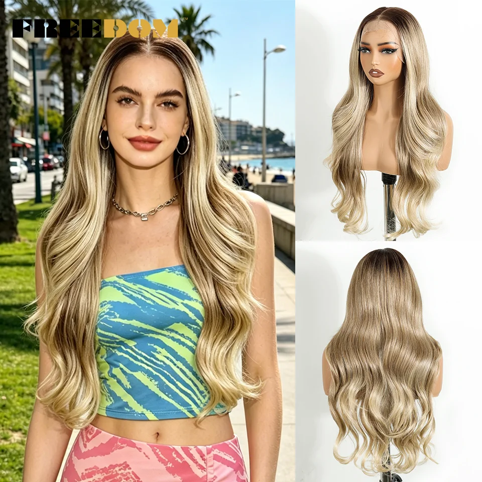 FREEDOM Synthetische Lace-Front-Perücken für Damen, 13x6, natürliche Wellenstruktur, 26 Zoll, Ombré-Braun-Blond mit Highlights, für den täglichen Gebrauch. – Detail 9