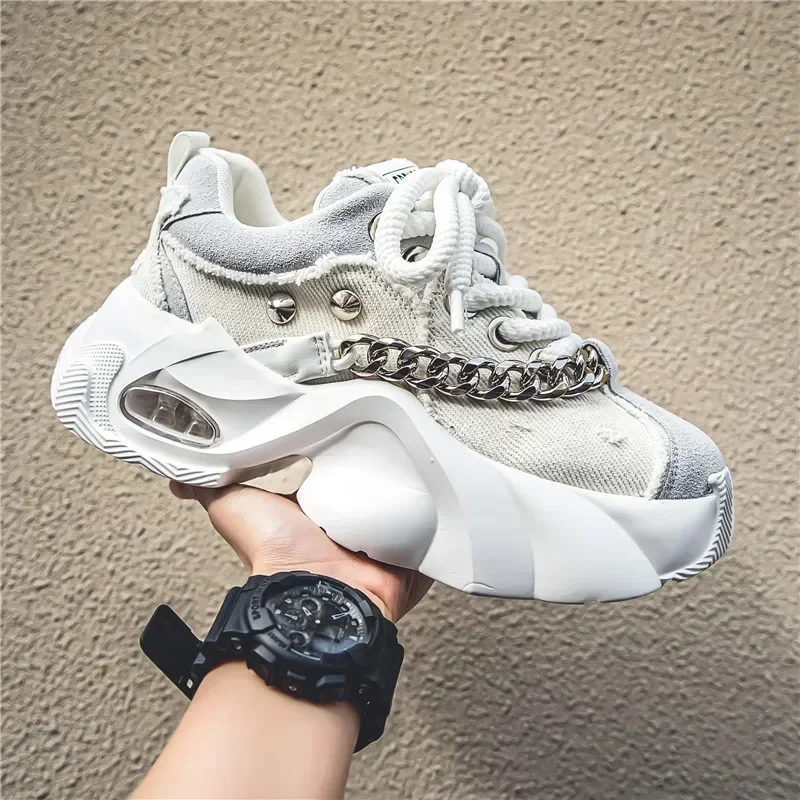 Men's Shoes 2025 Autumn New Trendy Thick Soled Height Increasing Shoes Wear-Resistant Metal Chain Tie Comfort Rivet Sneakers