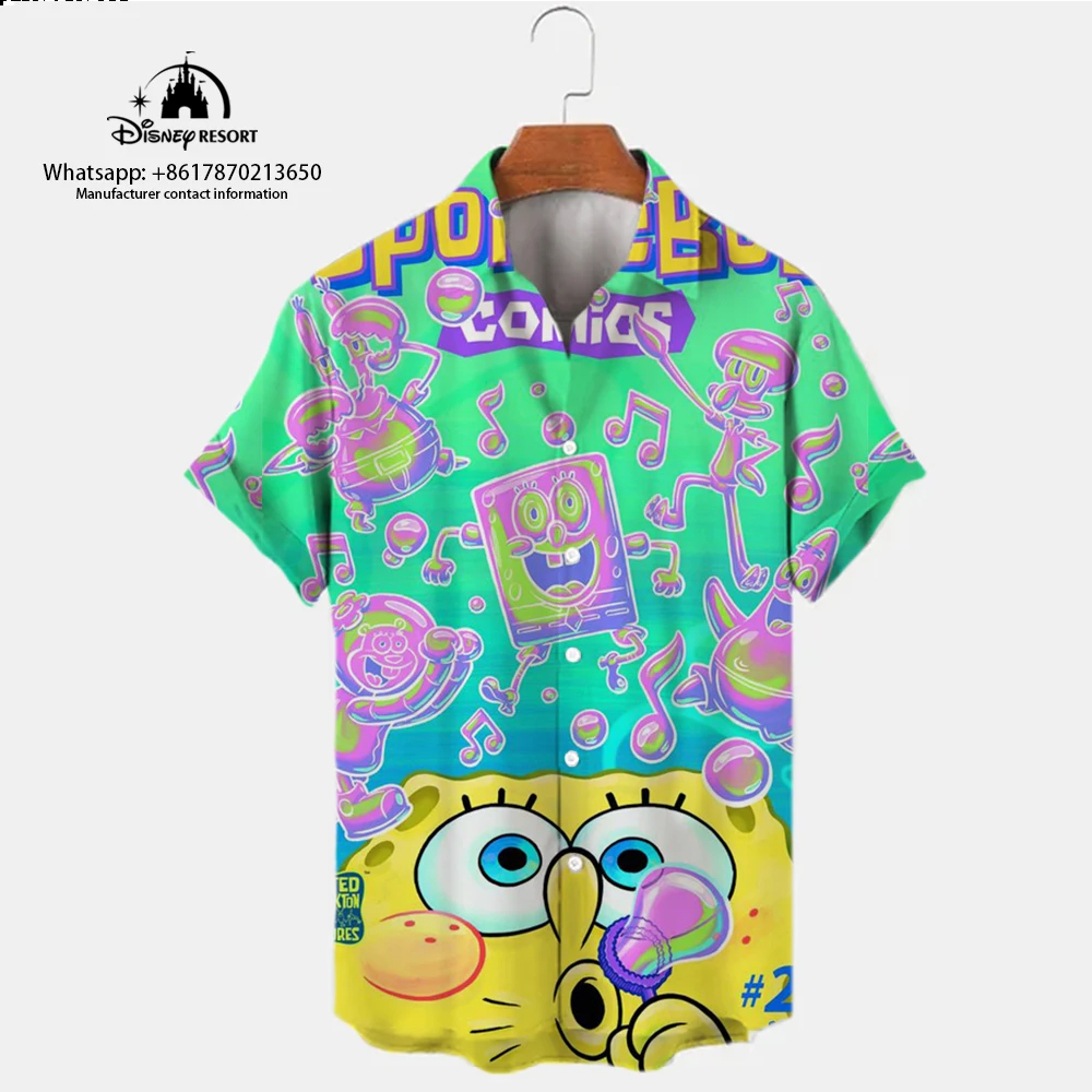 Baju lengan pendek pria, baju lengan pendek kerah Lapel pria trendi kasual musim panas baru Anime Harajuku jalanan SpongeBob SquarePants