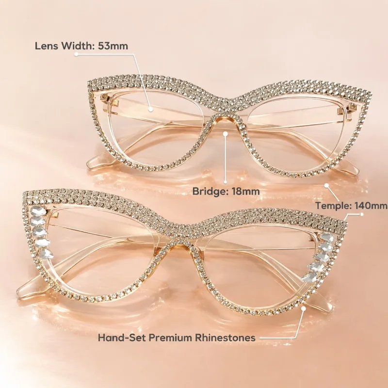 Women Rhinestone Cat Eye Eyeglasses Frame Sparkling Clear Optical Glasses Elegant Office Wedding Party Fashion Eyewear