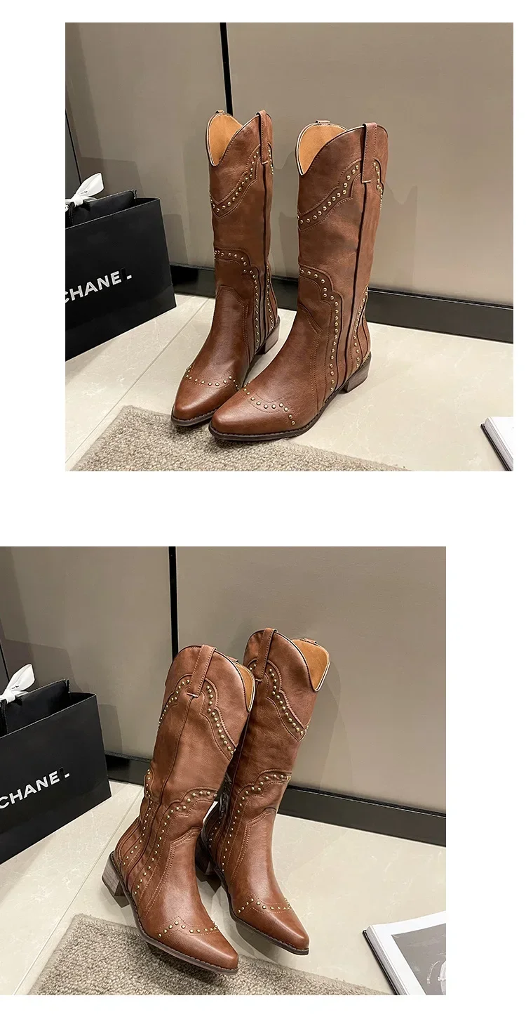 Retro Nieten-Cowboystiefel für Damen 2024 Herbst Klobige Absätze Western-Stiefel Slip-on Spitze Cowgirl-Stiefel – Detail 13