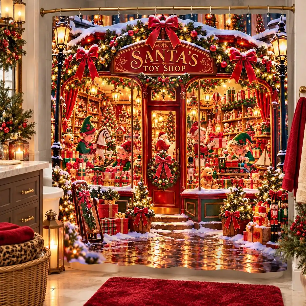 Santa's Toy Shop Christmas Shower Curtain Waterproof Bathroom Decor Holiday Scene Xmas Shower Curtain