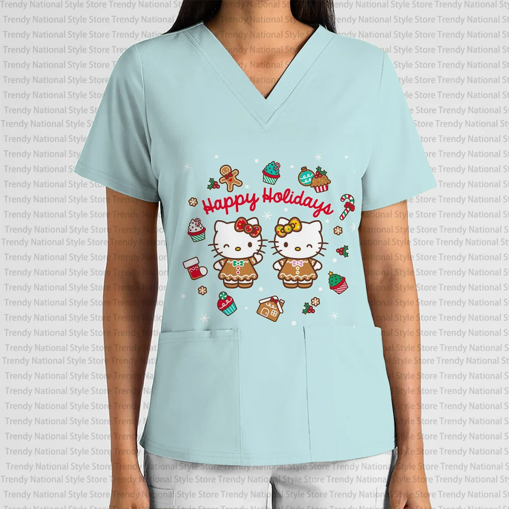 Nieuwe Zomer vrouwen Verpleegster Uniform V-hals Print Scrub Top Kerst Hello Kitty Dental Spa Dierenwinkel vrouwen T-shirt