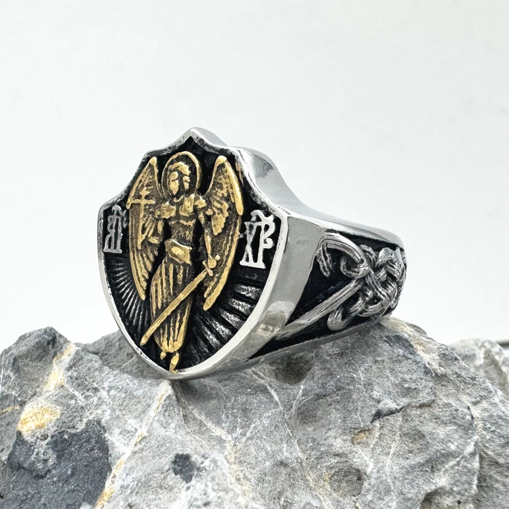 St. Michael Solid Ring For Man 316L Stainless Steel Jewelry Angel Ring Size 7-13