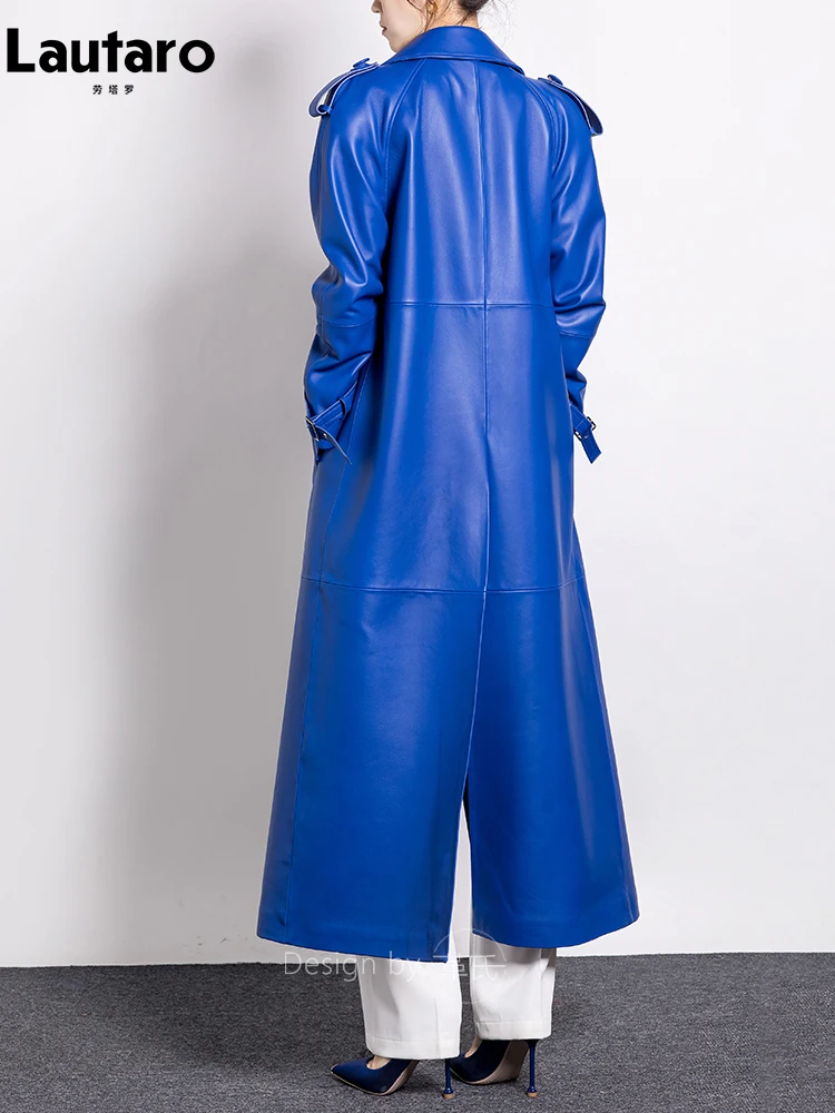 Lautaro-gabardina Extra larga de cuero Pu para mujer, abrigo elegante de lujo, suave, azul, moda europea, pasarela, primavera y otoño, 2023