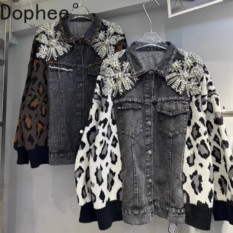 

Fashion Autumn Winter Faux Two-piece Sweater Coat Denim Patchwork Knitted Long Sleeve Cardigans Top Diamonds Beads Casual Jacket