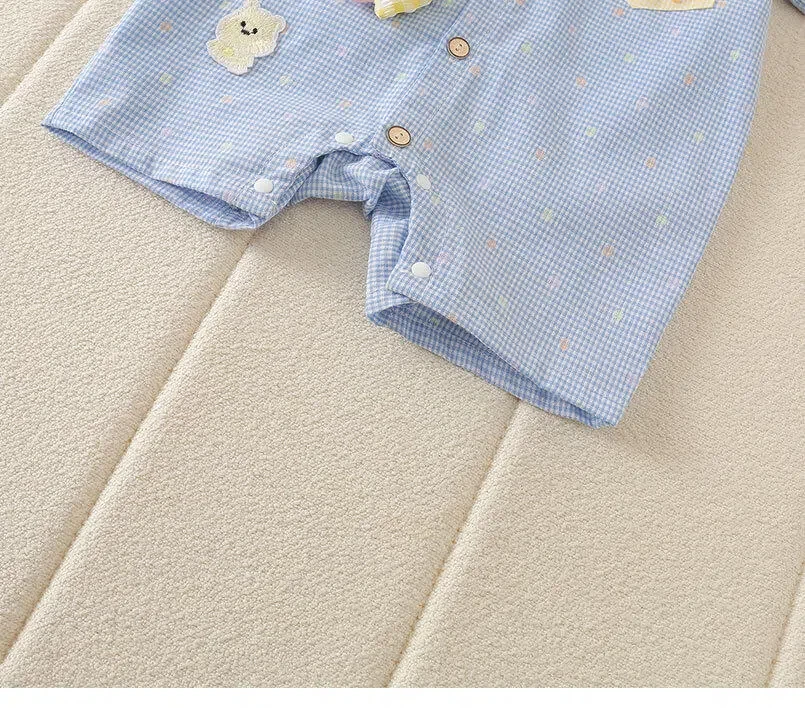 Sommerlicher Baby-Overall im koreanischen Stil mit Teddybär-Kragen, kariert, kurz, für Jungen und Mädchen – Detail 7