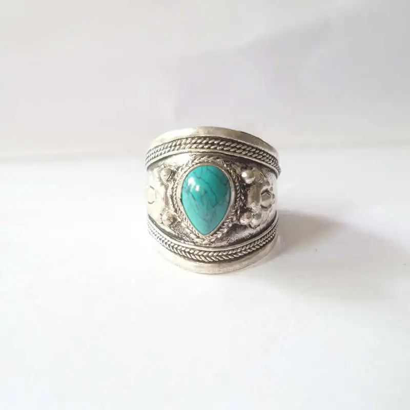 Tibetan Rings for Man Metal Copper Inlay Simulated Turquoise Open Ring Tibet Dorje Amulet R137