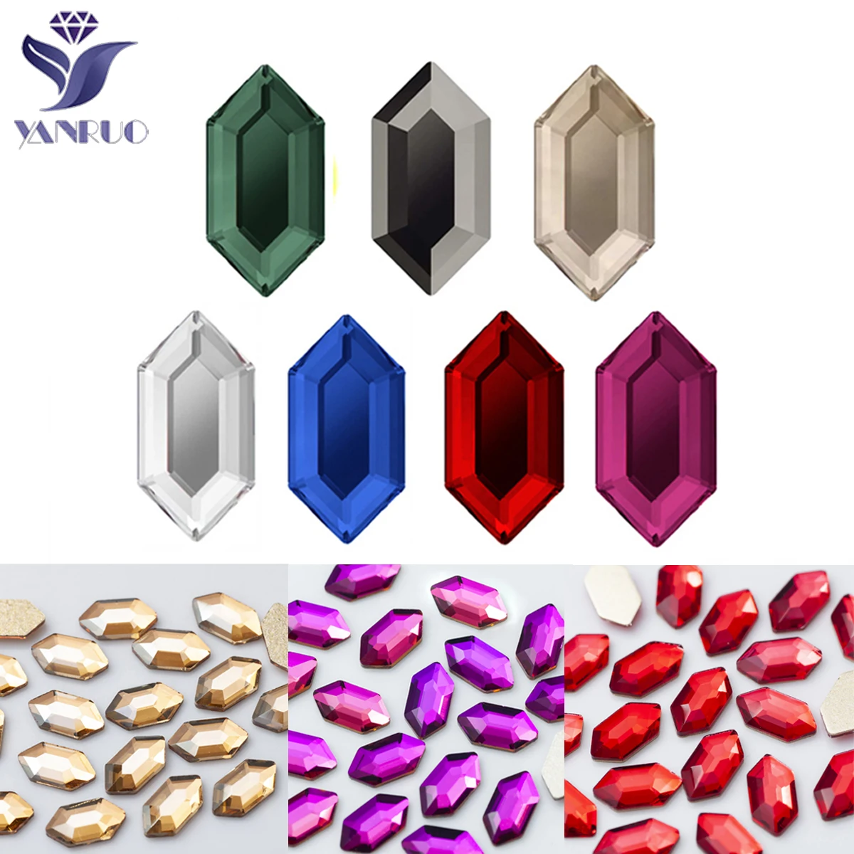 YanRuo 100pcs 4x8mm Hexagon Multicolor Crystal Glass Strass Glitter Flatback 3D Accessories Rhinestones For Nail Art Decorations