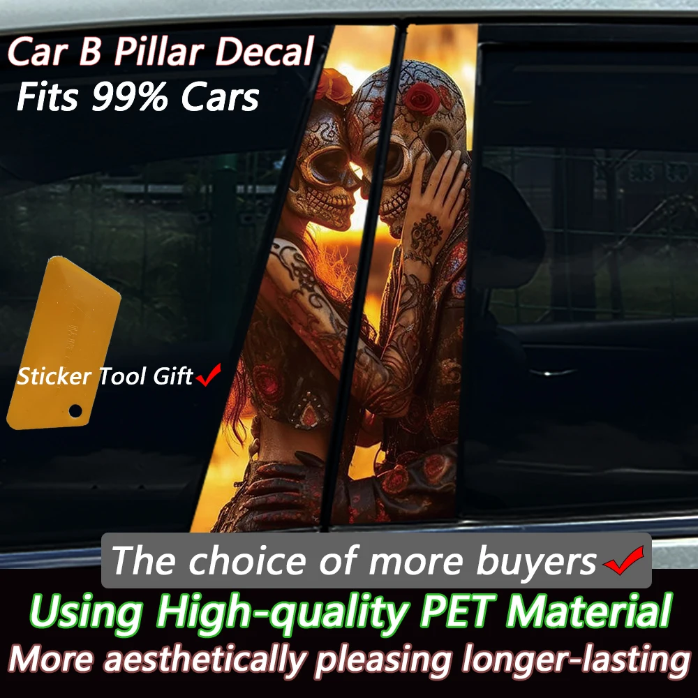 4Pcs/Set Sunset Sugar Skull Makeup Roses Love in Death Car Center Pillar Sticker B Pillar Protective Film Decoration For Nissan