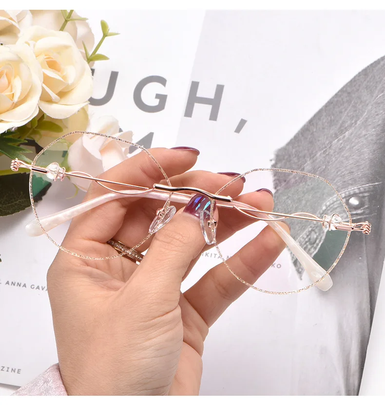 Rimless Glasses Anti-blue Ray Trimming Women Diamond Glow Optician Metal Polygon Optical Glasses