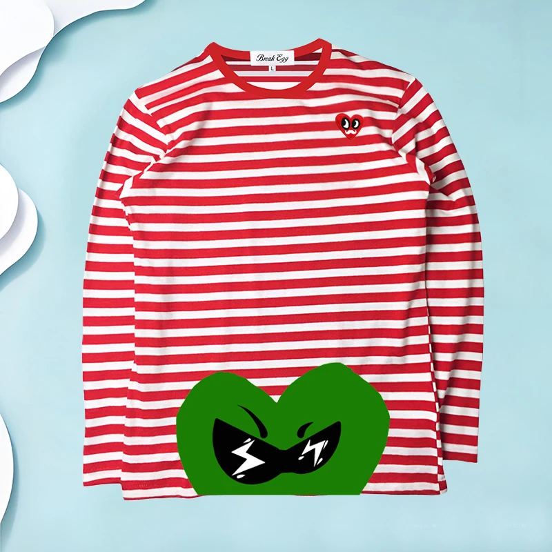 

Cool Half Heart Cartoon Glasses Head Printing Women Striped T-Shirt Red Eyes Beard Heart Embroidery Cotton Long-sleeved T-shirt