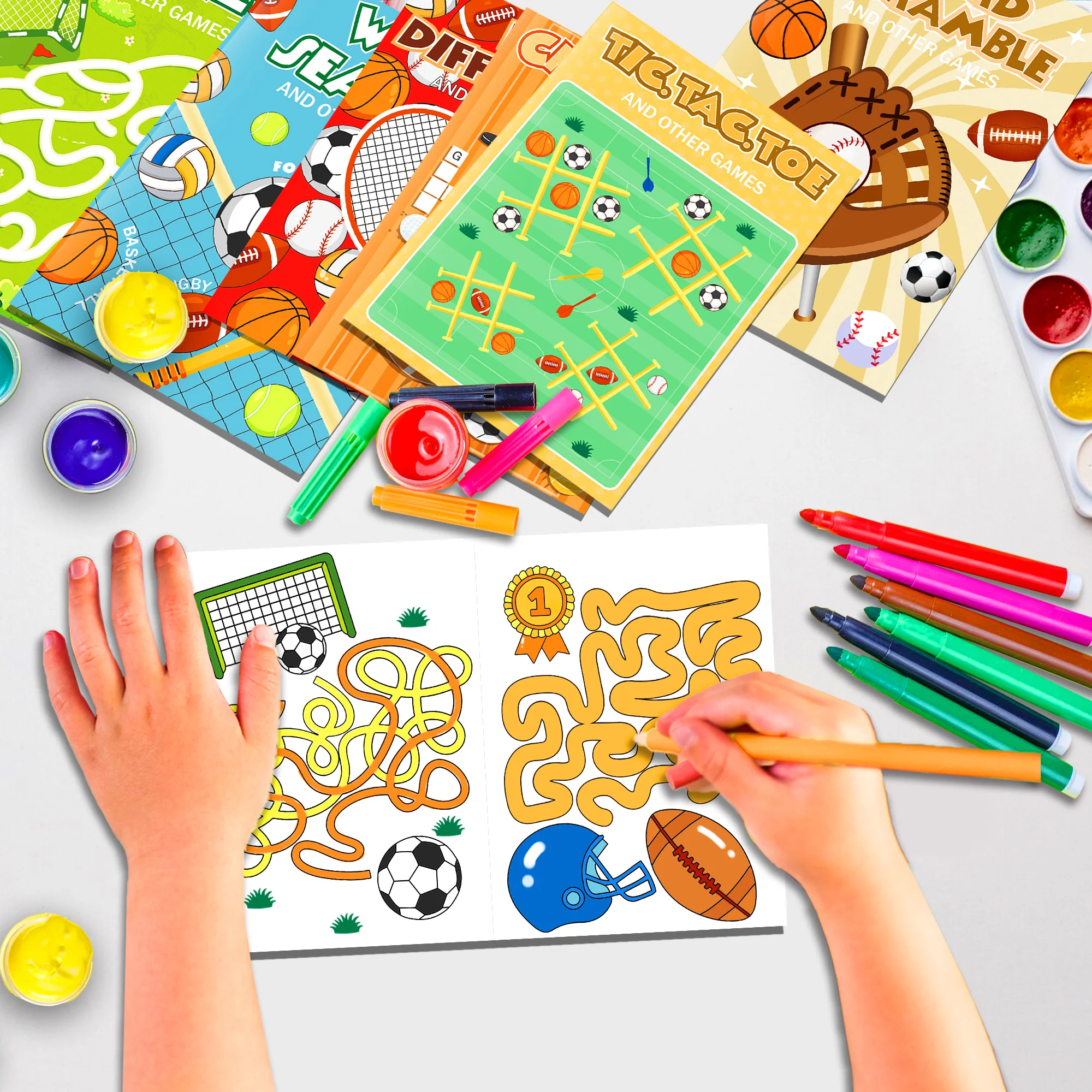 6/12/24Pcs Sports Activity Coloring Book Soccer Basketball Football Puzzle Game DIY Drawing Book Treat Bag Fillers Rewards