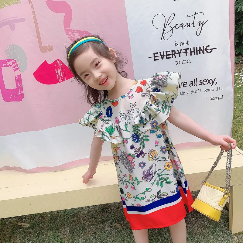 Girls' Floral Flutter Sleeve Dress Princess Dress25Summer New Foreign Trade Children's Wear Delivery3-8Years Old