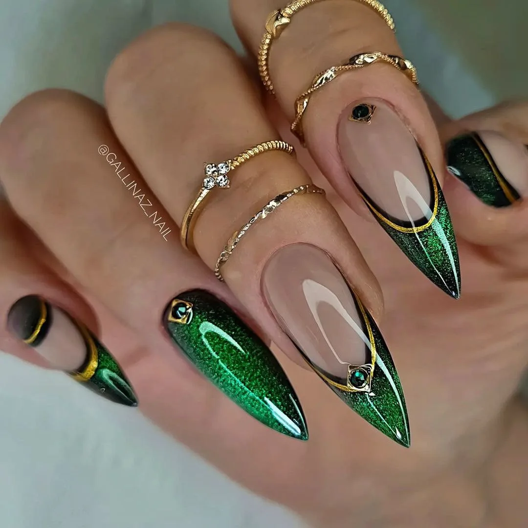 

24PCS Green Cat Eye False Nails Long Stiletto Unique French Design Fake Nails European American Cool Removable Press on Nails 네일