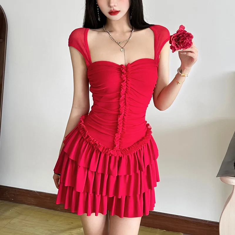 

2025 Summer New European and American Style Women's Dress, Solid Color French Retro Ruffle Tutu Skirt, Waist-cinching Dress