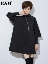 [EAM] Women Black Zipper Casual Big Size Dress New Turtleneck Three-quarter Sleeve Loose Fit Fashion Spring Autumn 2024 1DF4717