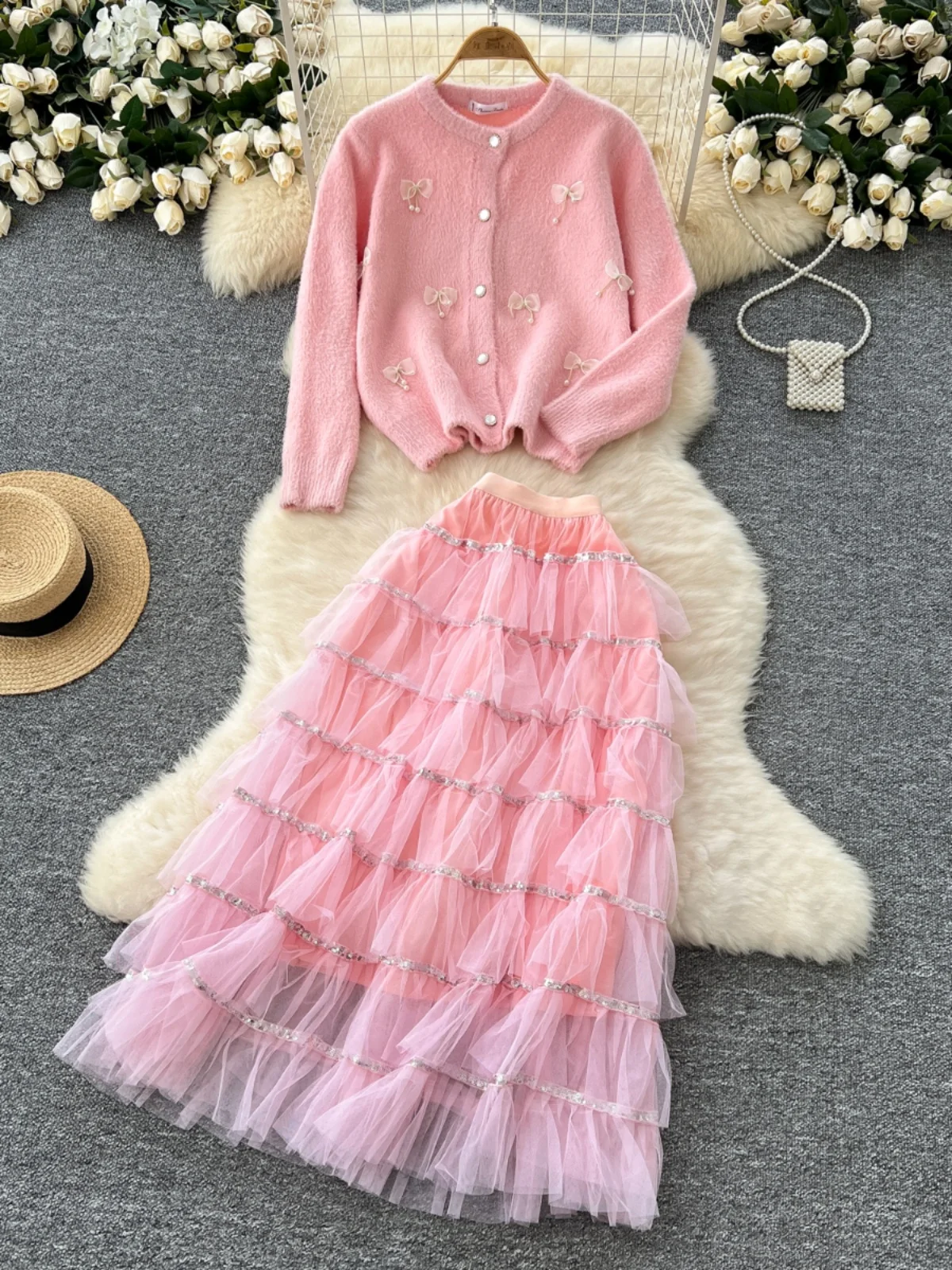 

Soft Cozy Sweater Jacket Women's High Waist Mesh Halter Skirt Set Knot Spring Fashion Ensemble Gentle Ageless Style