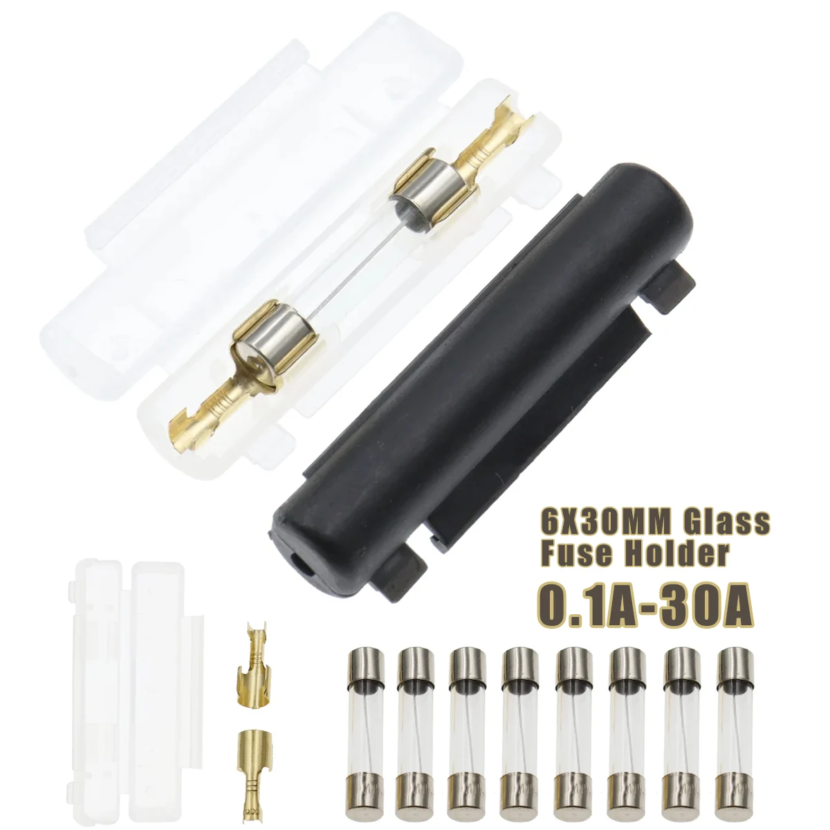 

5Set 6X30MM Glass Fuse Holder, 0.5A 1A 2A 3A 4A 5A 6A 8A 10A 15A 20A 25A 30A Fuse Socket Flip shell Type with fuse