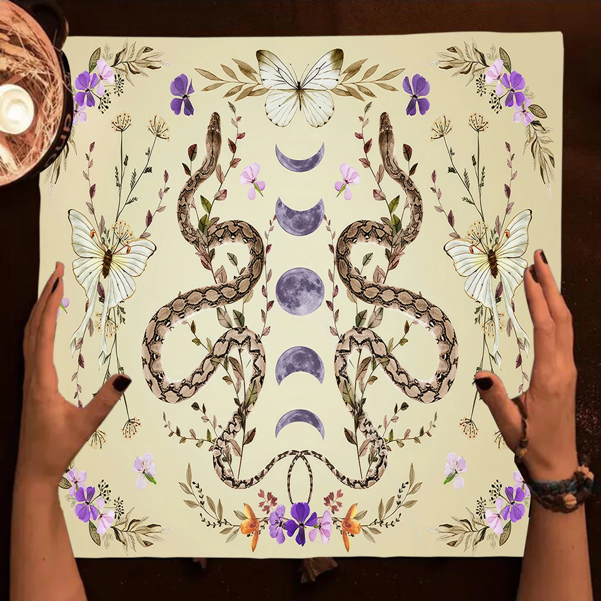 Divination Tarot Card Table Cloth Altar Cloth Moon Phase Flowers and Plants Snake Table Cloth For Tarot Witchy Home Decor Card P