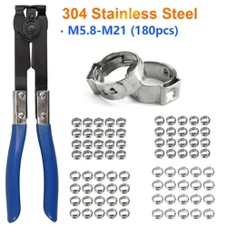 180PCS Single Ear Hose Clamps 304 Stainless Steel 5.8-21mm Crimp Hose Clamp with Ear Clamp Plier Pincer Crimper Fitting Tool Kit