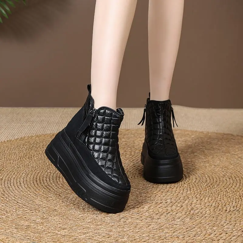 New 12cm Down Microfiber Leather Fashion Women Ankle Booties Platform Wedge Chimney Winter Plush Autumn Spring Lady Warm Shoes
