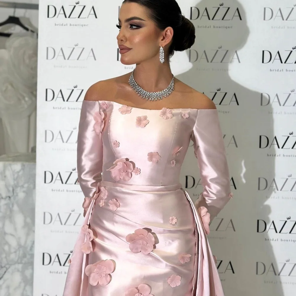 Bella 맞춤형 핑크 아플리케 원 숄더 긴 소매 로브 드 soirée a 라인 이브닝 드레스 긴 소매 웨딩 드레스 2025