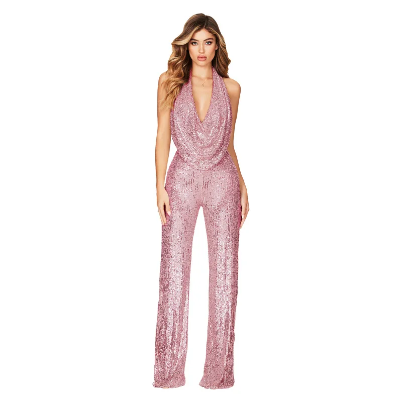 2025 Summer New Jumpsuit Women's Sleeveless Neck Sequined Jumpsuit Women's Europe and America