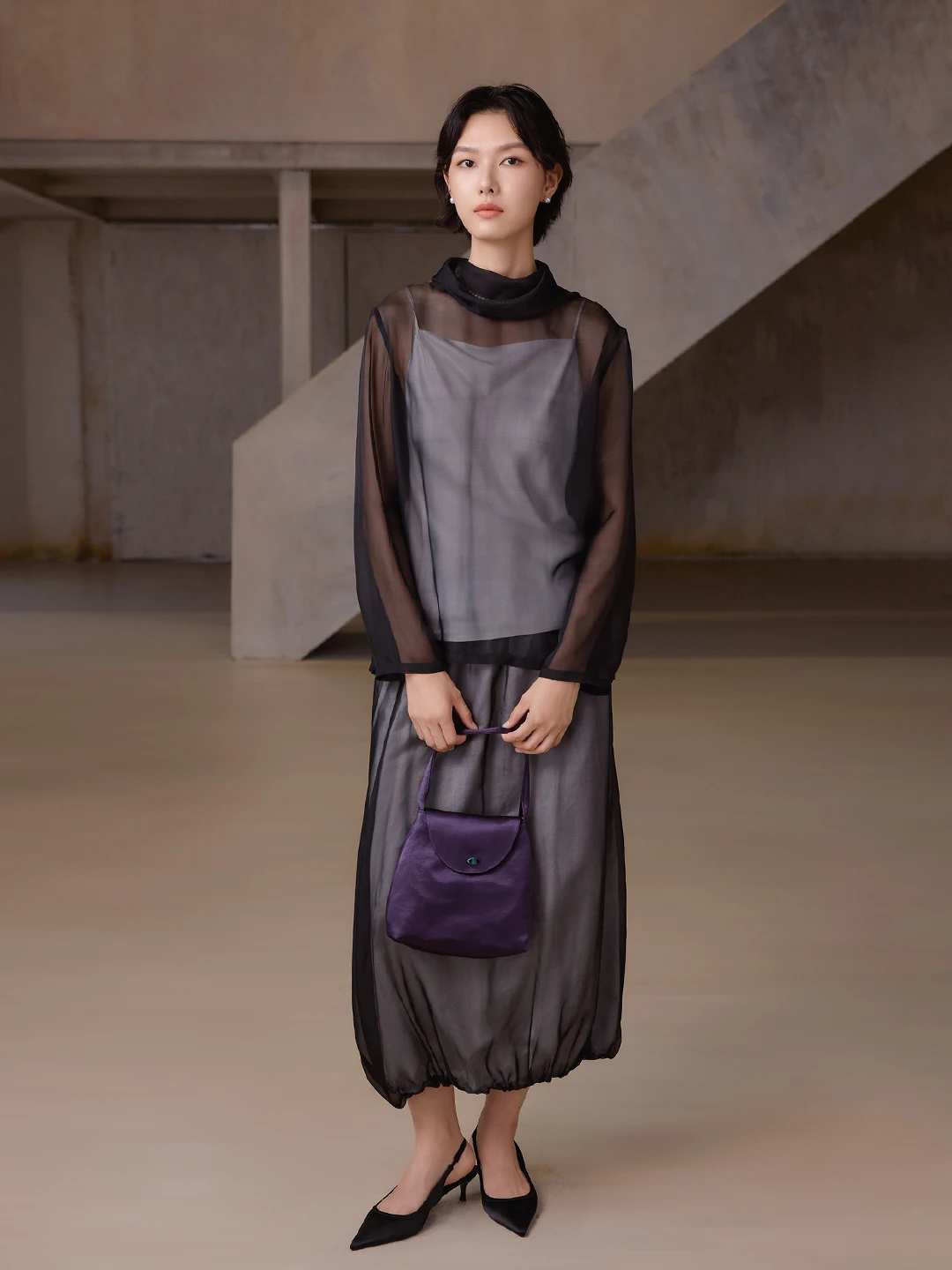 

Ele Bla Silk irt Loose Fit High Collar See tough Ba Button up Women's Comfortable Breathable Long Sve Top