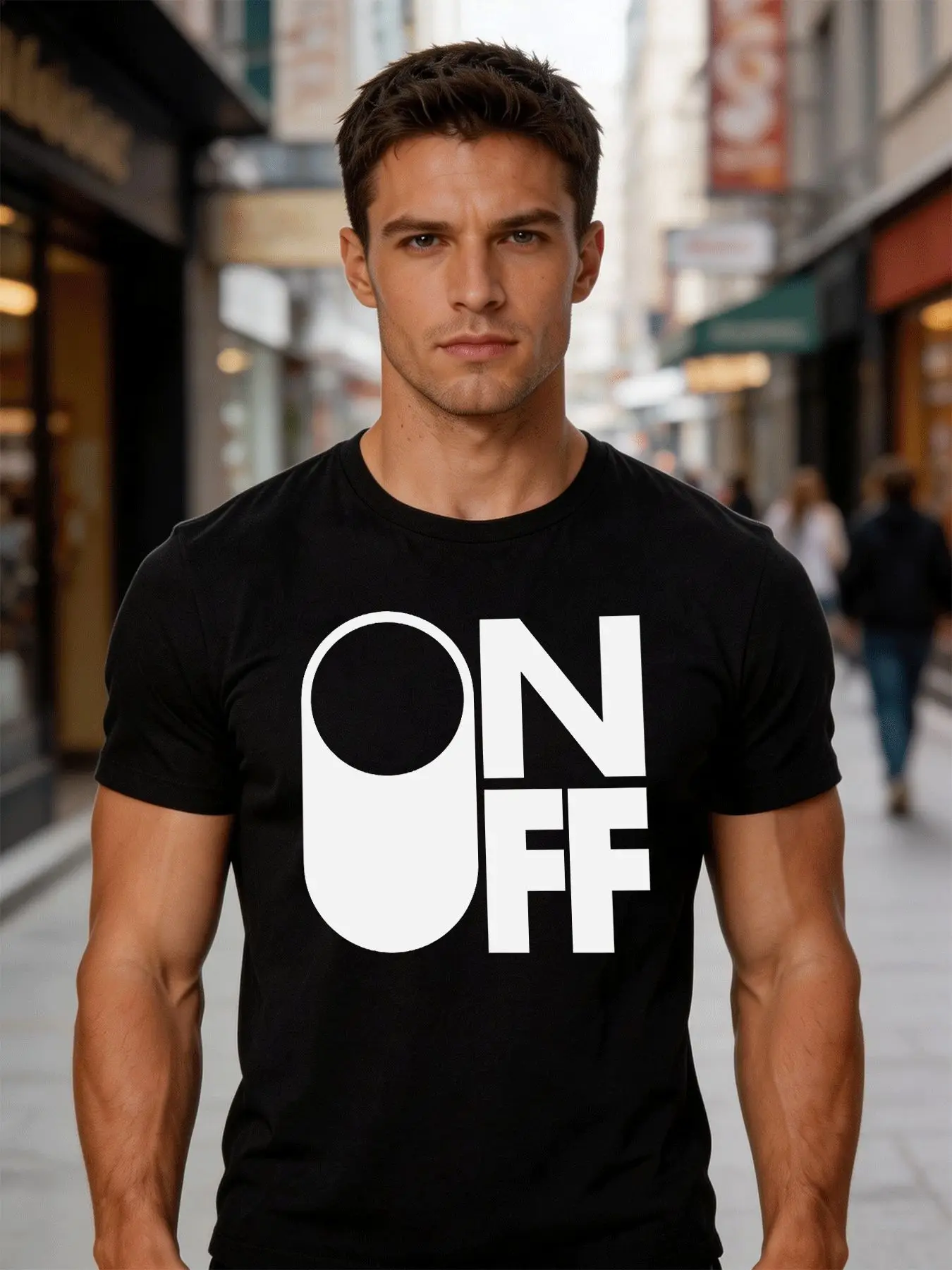 Fashion Mens White Basic Tee Geometric On Off Switch Text Print Simple Abstract Minimal Art Trend Casual Short Sleeve Shirts