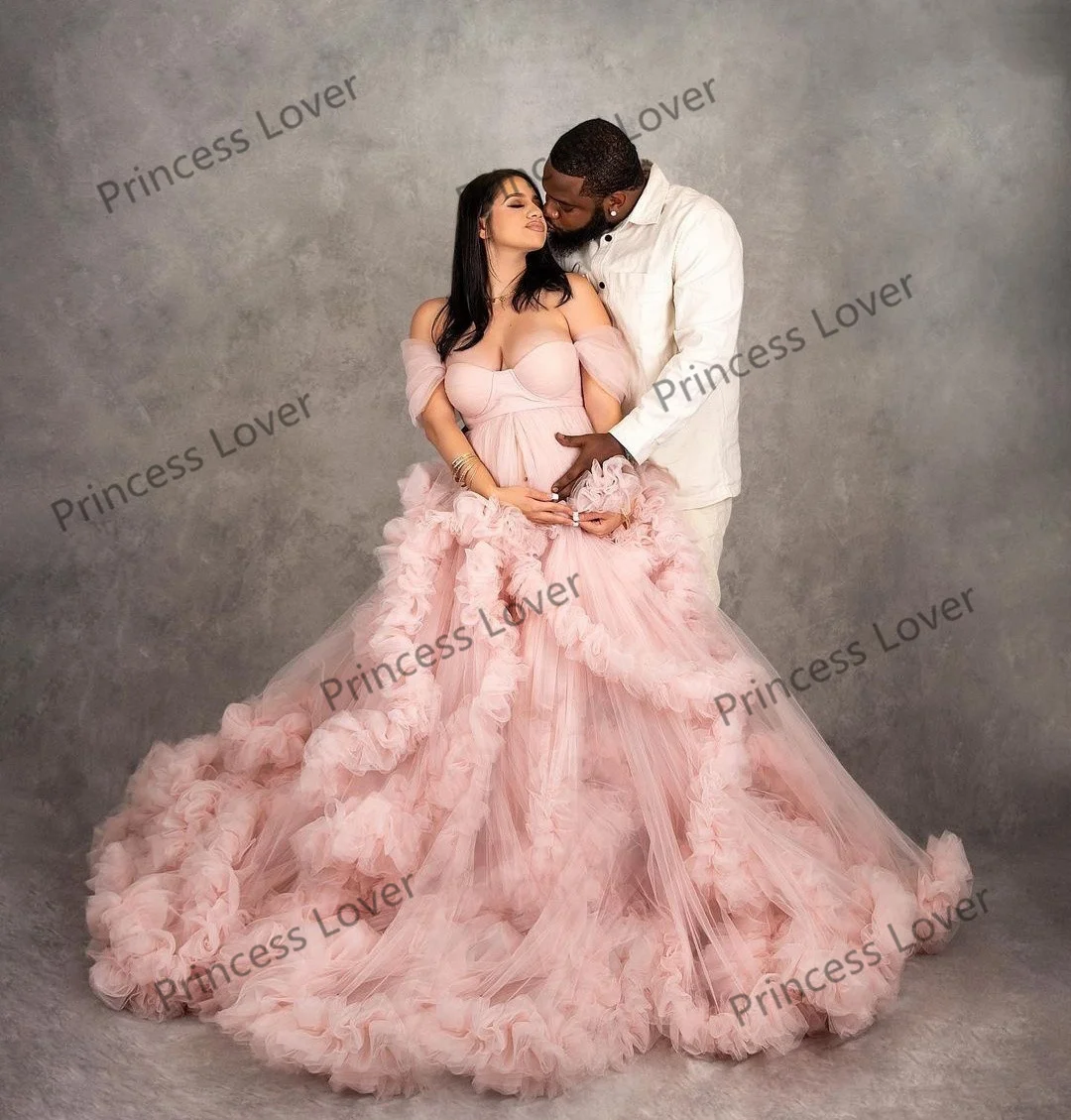 Pink Maternity Dresses for Photo Shoot Women Ruffles Prom Dresses Sweetheart Mesh Tulle vestido de novia Front Slit Maxi Gown