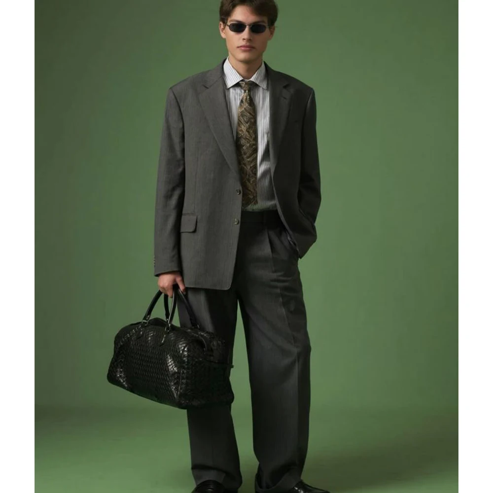 

Old Money Dark Gray Men Single-Breasted Suit 2 Piece Set Notch Lapel Loose Fit Office Casual Male (Jacket+Pants)