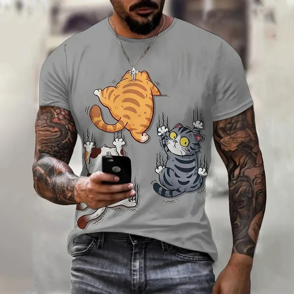 Camiseta casual de manga curta masculina, estampa para gatos 3D, streetwear, pulôver gola redonda, roupa masculina extragrande, moda verão