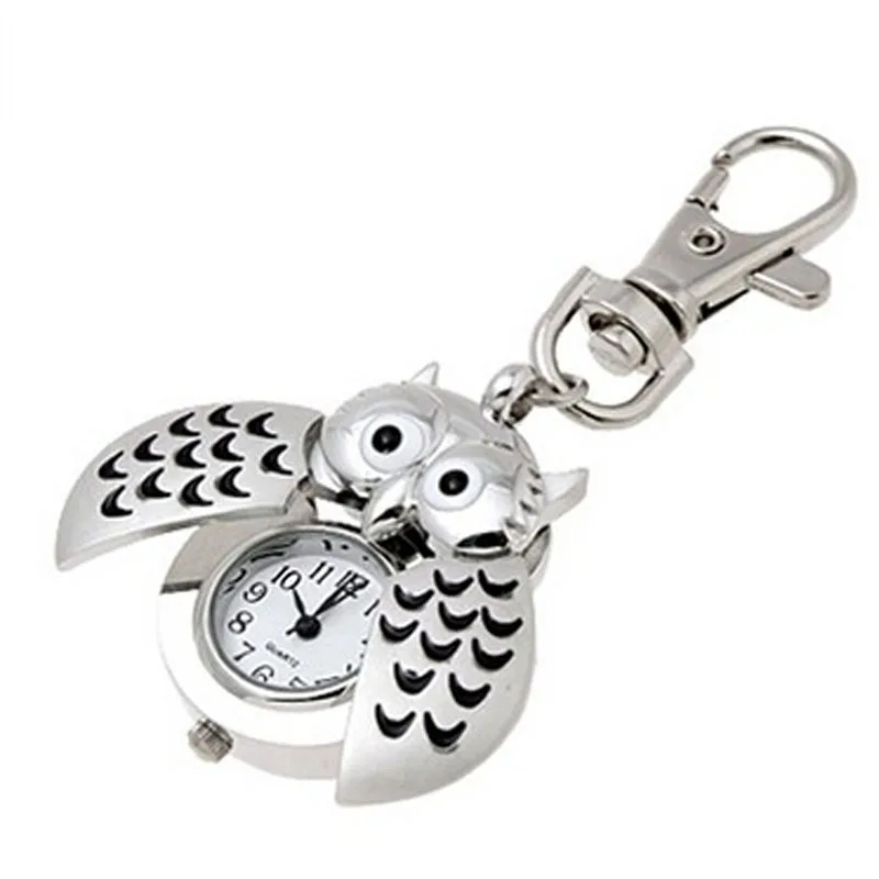 

New Mini Fob Woman's Watches Top Quality Metal Key Ring Owl Double Open Watch For Women Clock Silver Quartz Watch Reloj