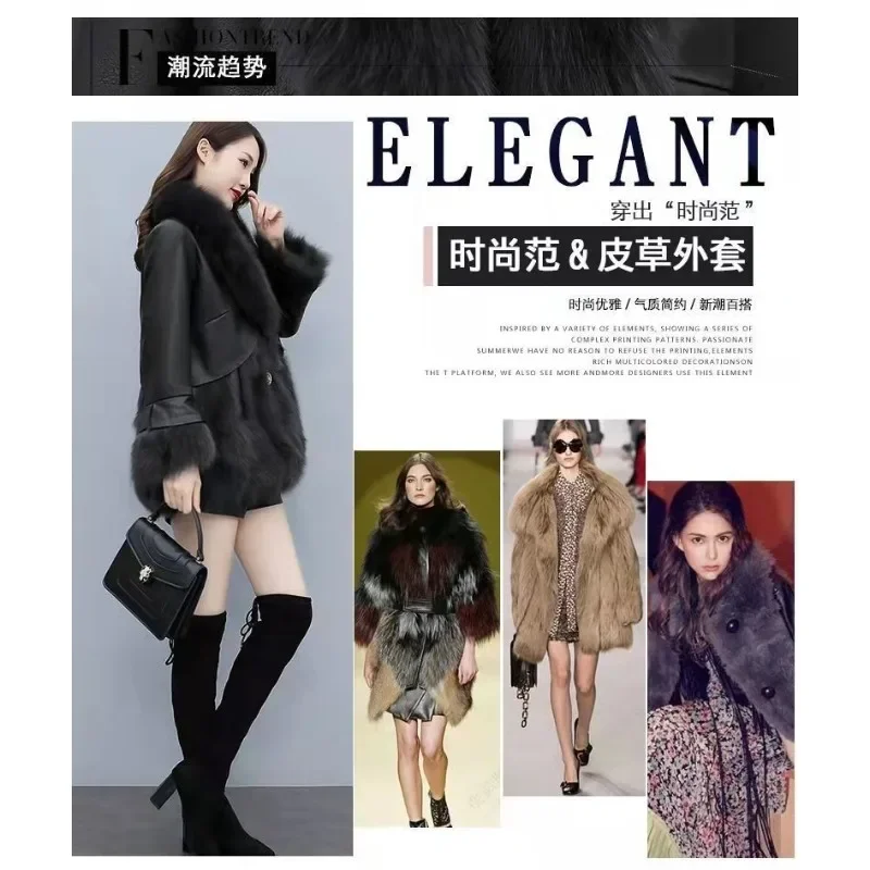 المرأة منتصف طويلة نمط فو الفراء سترة الشتاء الإناث بولي Leather الجلود تقسم تقليد الفراء أبلى الخامس الرقبة طويلة الأكمام رشاقته معطف دافئ