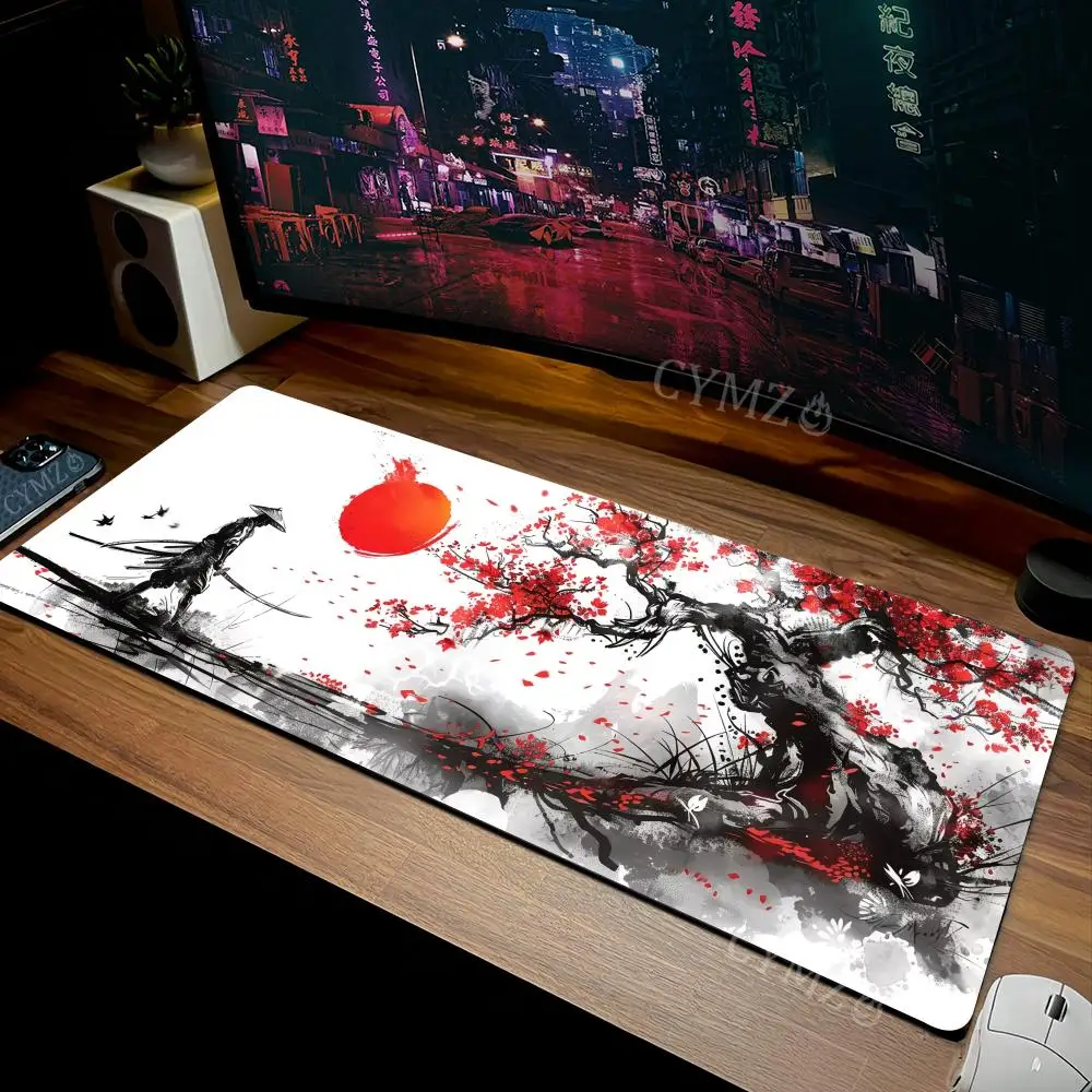 Ink-wash style Japanese samurai and cherry blossom Mouse Pad Desk Mat gaming mats Non-Slip Stitched Edge 30X80CM keypad mousemat
