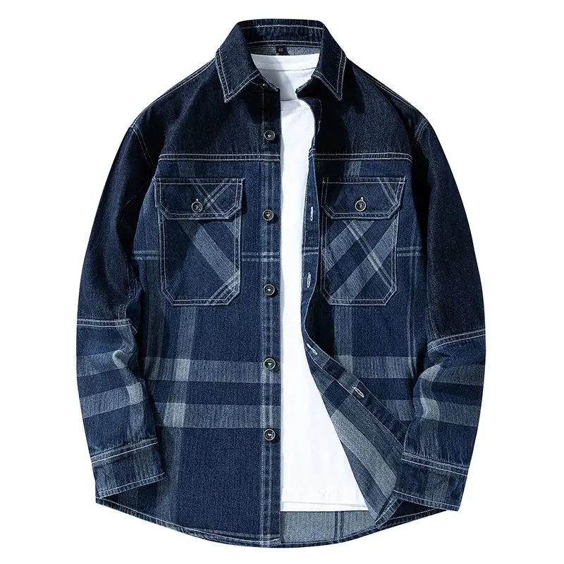 Spring and Autumn Long-sleeved Denim Shirt Men Japanese-style Loose Retro Casual Checked Shirt Trendy Large-sized Workwear Coat