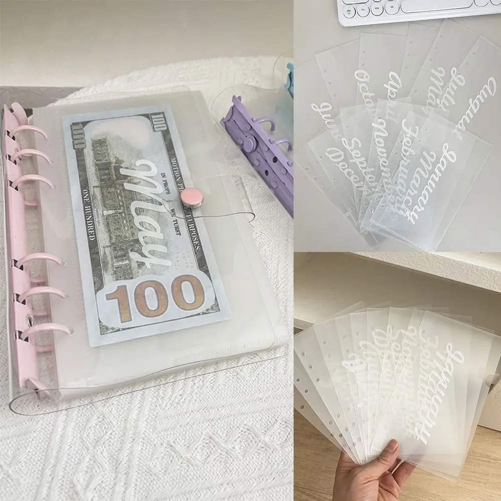 

Creative 12 Monthly Cash Storage Bag Transparent 6 Holes Cash Management Book A6 PP Loose-leaf Album Gift