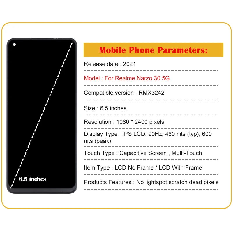 Original For OPPO Realme Narzo 30 5G RMX3242 LCD Display Touch Screen Digitizer Assembly Replacement For Realme Narzo 30 5G LCD