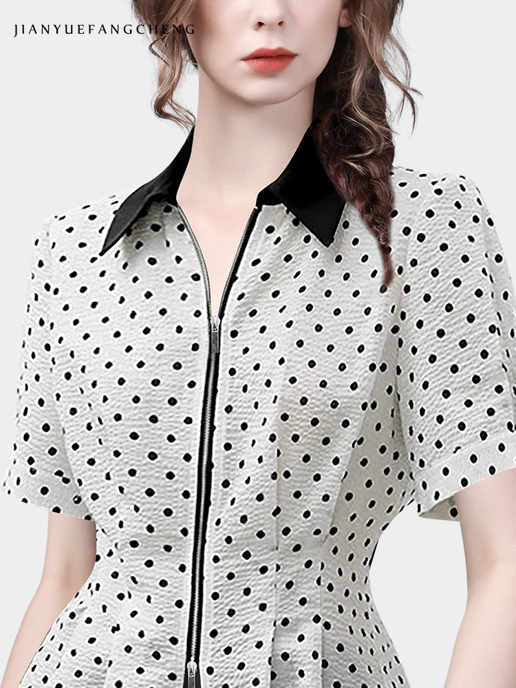 2024 Summer Short-sleeved Polka Dot Shirt Blouse Women\'s Thin waist two-way zipper bottoming shirts lightweight Female Tops