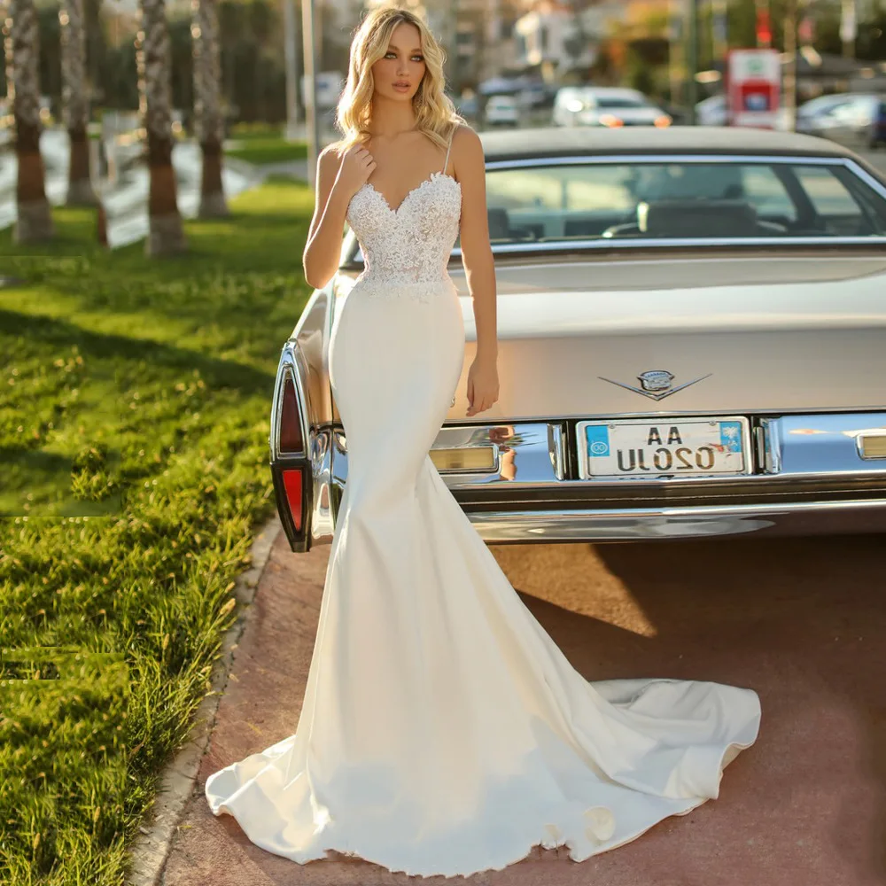 2025 New Satin Mermaid Wedding Dress V Neck Beaded Straps Fishtail Wedding Dresses With Small Train Light Dress For Travel