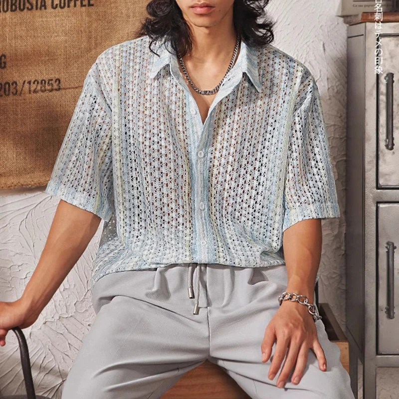 

Летние приморские пляжные сексуальные рубашки, мужские прозрачные сетчатые топы с вырезами, винтажные мужские сетчатые рубашки с короткими рукавами и пуговицами для отпуска