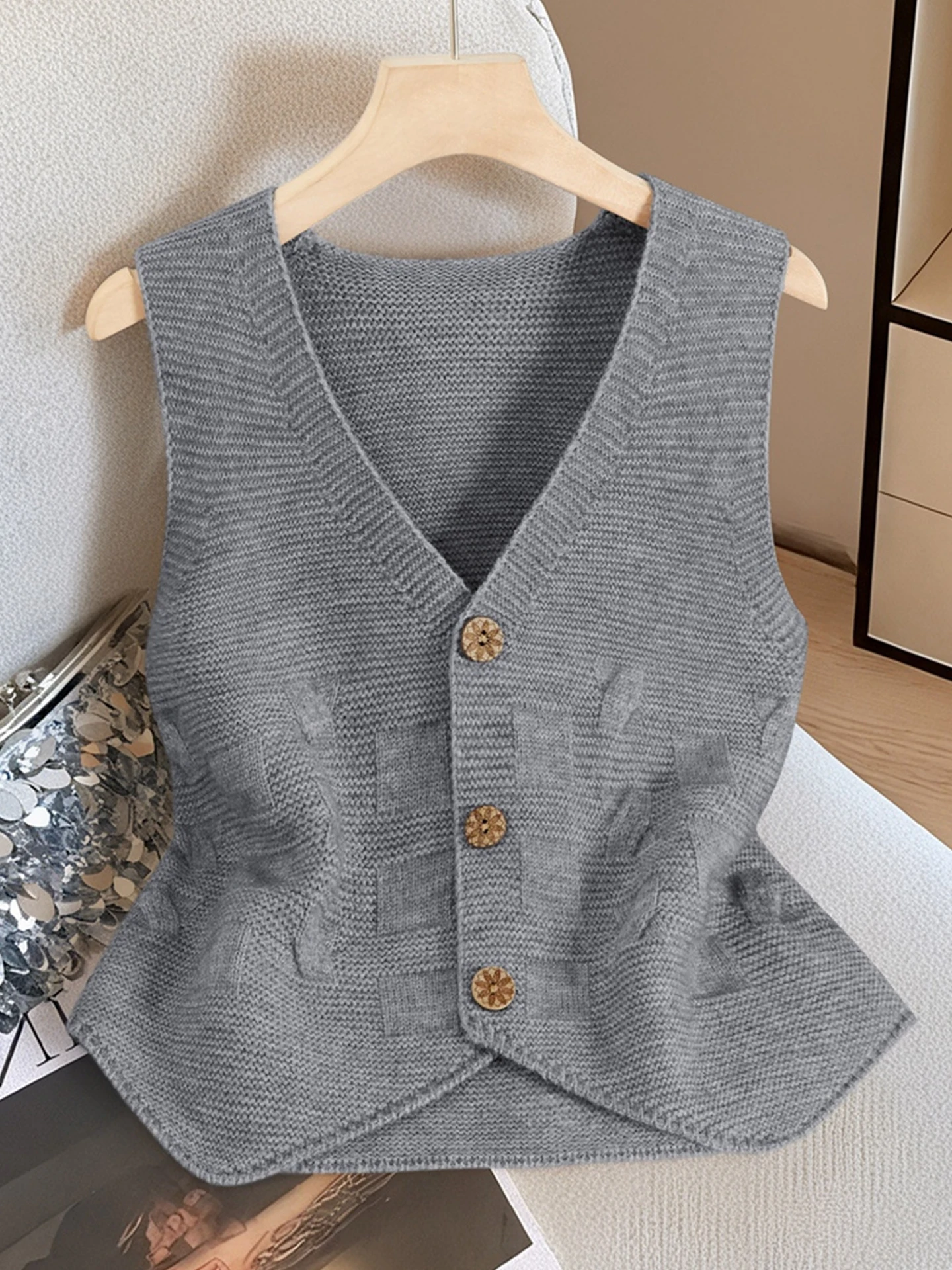 

Knitted Open Cardigan Svel V-Ne Slimming Top Layering Sle Simple Unique Faionable Vest High-End Women's Jaet
