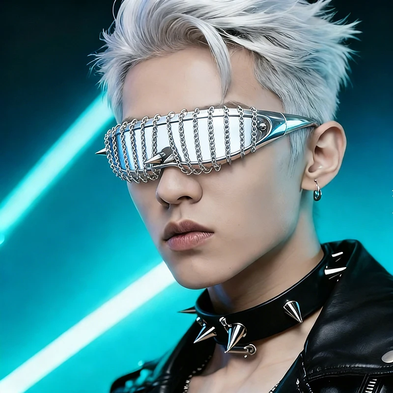 

Cyberpunk Tassel Chain Glasses Trendy Style Futuristic Technology Rivet Sunglasses Trampoline Personalized Decorative Eyewears