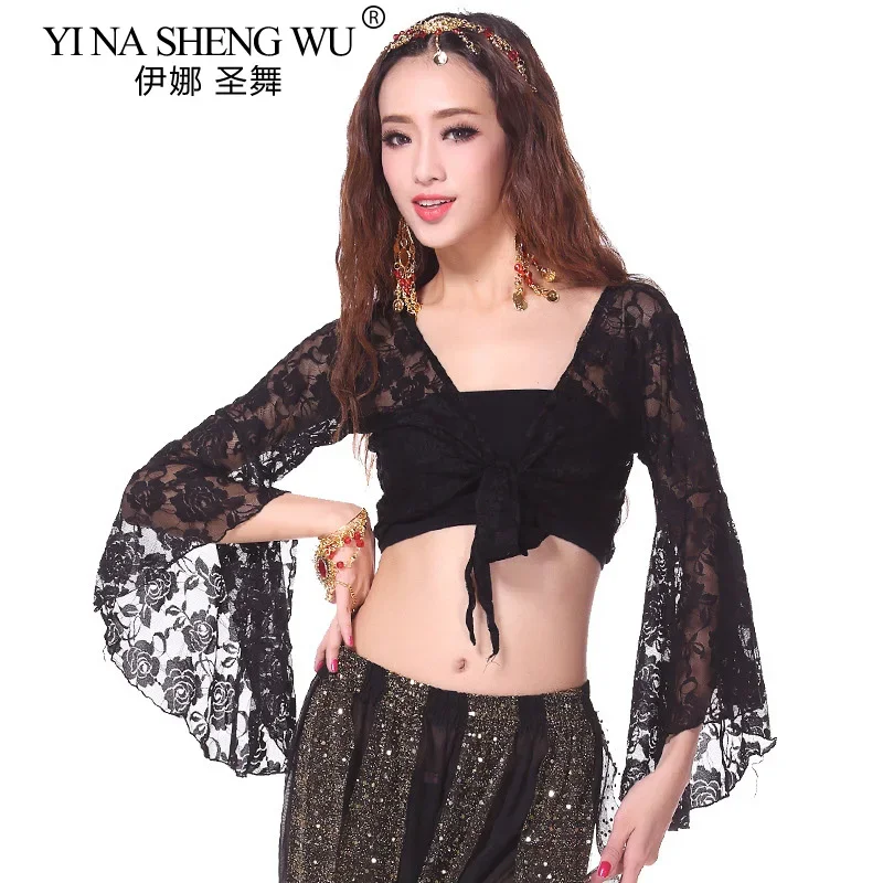 Women's Long Flare Sleeve Butterfly Lace Top Shrug Gymnastics Cover up Cardigan Sexy Belly Dance Class Costume