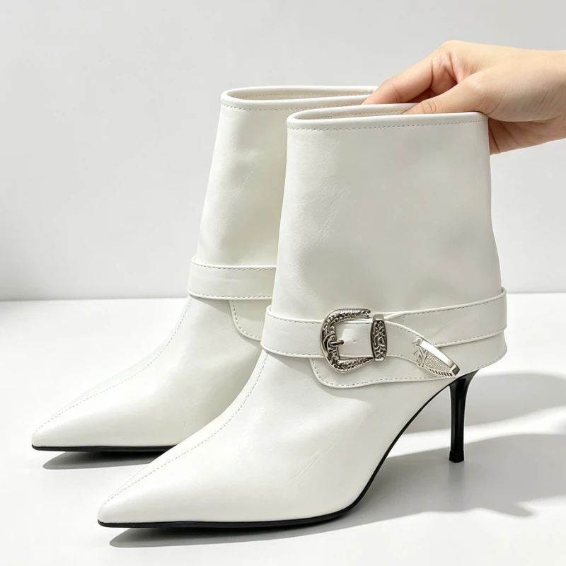 Fashion Metal Buckle Detail Thin Heel Ankle Boots for Women Novelty Pointed Toe Design Modern Boots Soft Leather Ladies Boots