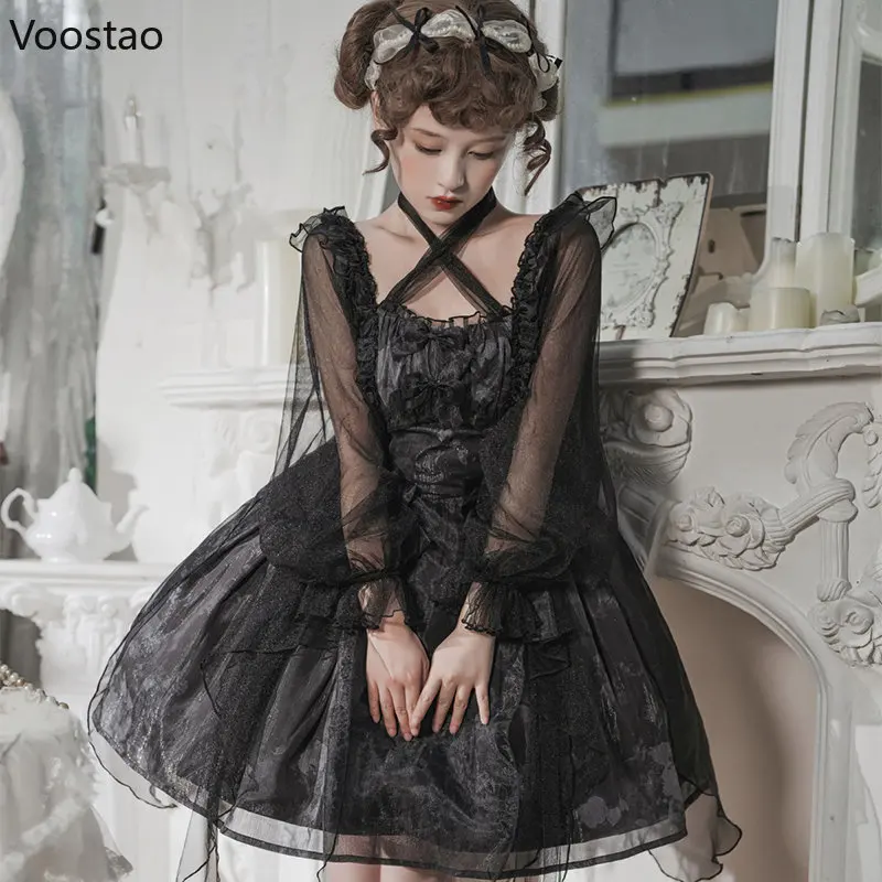 Japanischen Viktorianischen Gothic Lolita OP Kleid Vintage Mädchen Süße Bogen Elegante Prinzessin Urlaub Party Kleider Frauen Dark Y2k Kleid