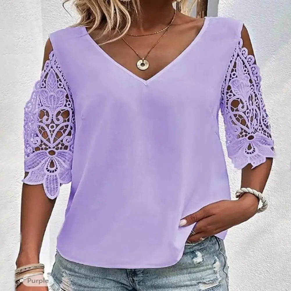 V-Neck Cold Shoulder Shirt Top Blouse Women Hollow Lace Stitching Half Sleeve Thin Casual Loose Solid Color Tops Daily Clothing